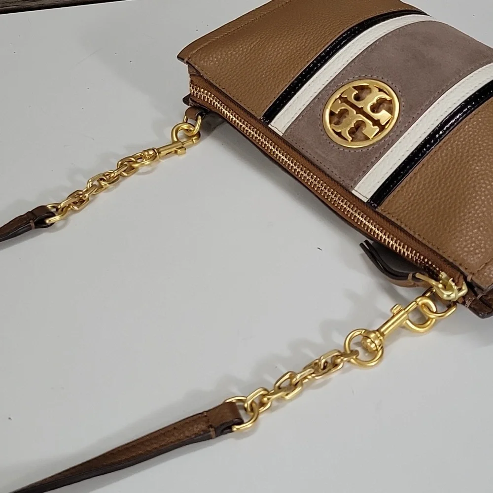 Tory Burch Brown Leather Crossbody Bag with Striped Accent